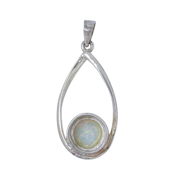 Estate Sterling Silver 925 White Round Opal Teardrop Pendant - Picture 4 of 11
